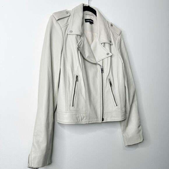 Lamarque Donna Biker Leather Jacket in Stone Grey Cream Size Large - Picture 6 of 13